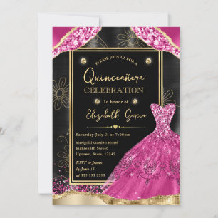 Gold and Pink Glitter Dress Quinceanera Invitation