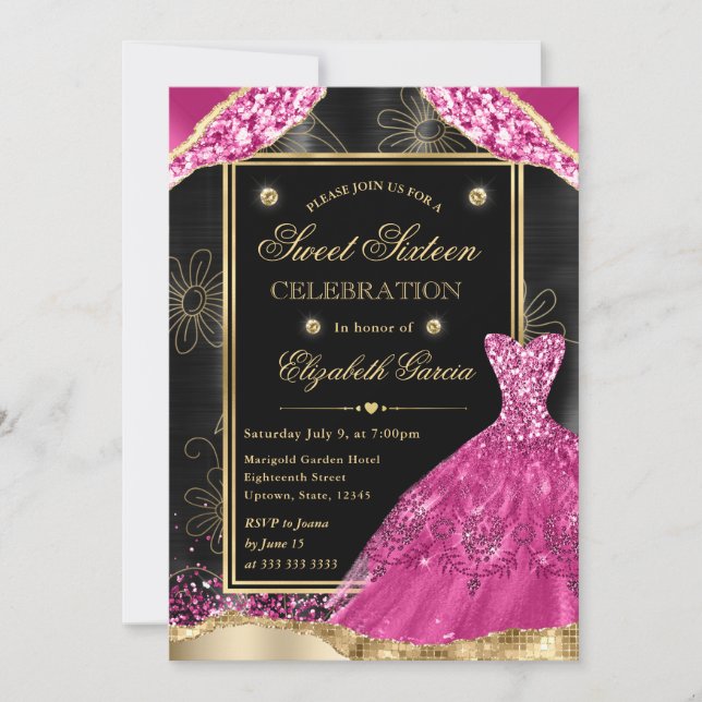 Gold and Pink Glitter Dress Sweet Sixteen Invitation (Front)