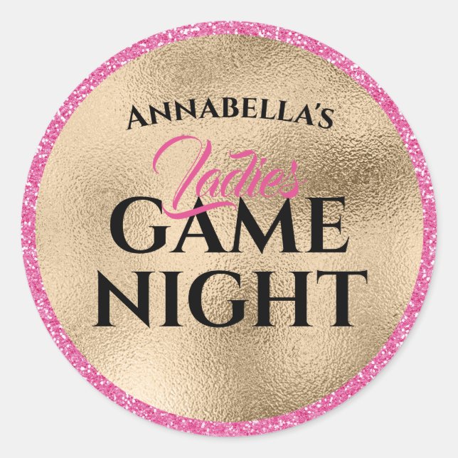 Gold and Pink Glitter Ladies Game Night Classic Round Sticker (Front)