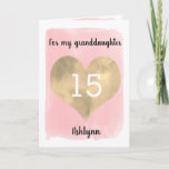 Gold and Pink Happy 15th Birthday Granddaughter Card<br><div class="desc">A personalised pink and gold 15th birthday card for granddaughter that features a gold heart against pink watercolor. You can personalise the gold heart with the age you need and add her name underneath the heart. The inside message can be easily edited if wanted. The back of the card has...</div>