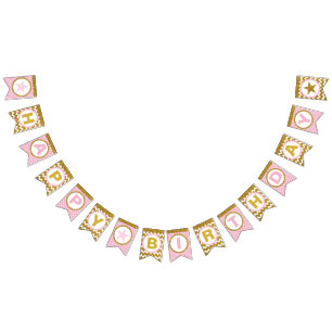 Gold and Pink Happy Birthday Bunting Flags, Custom