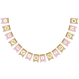 Gold and Pink Happy Birthday Bunting Flags, Custom