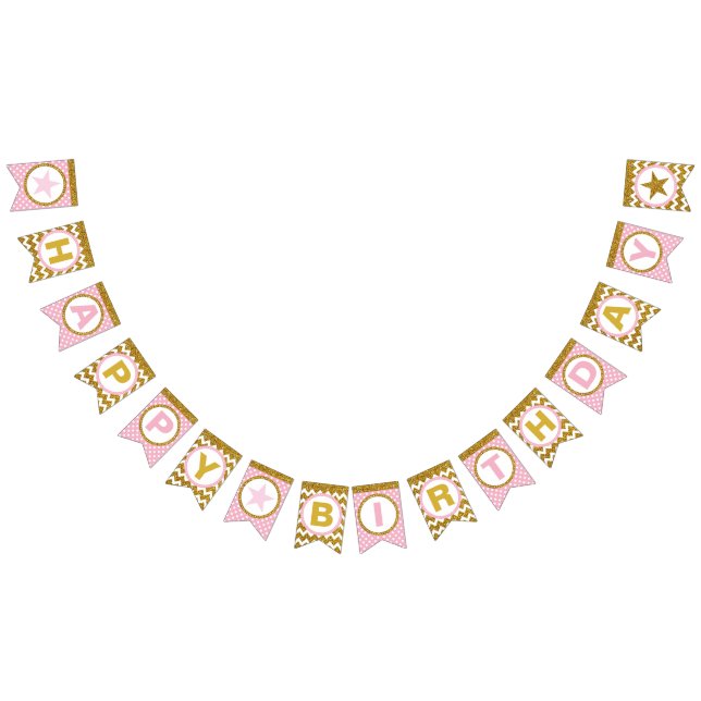 Gold and Pink Happy Birthday Bunting Flags, Custom Bunting (All)