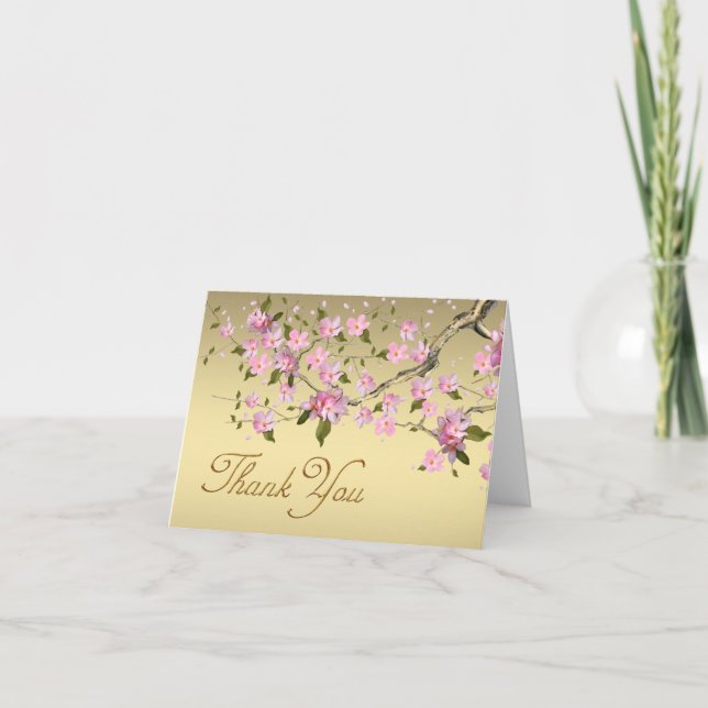 Gold and Pink Japanese Cherry Blossom Thank You Card (Front)