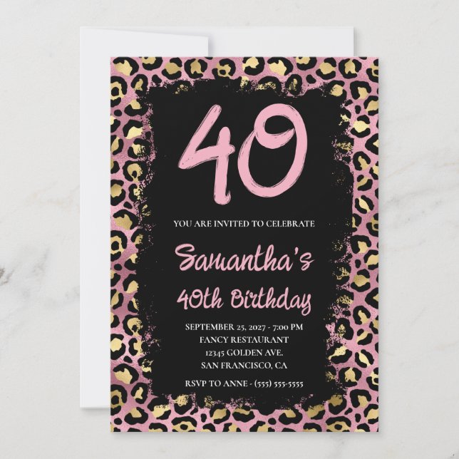 Gold and Pink Leopard Painted Black 40th Birthday Invitation (Front)