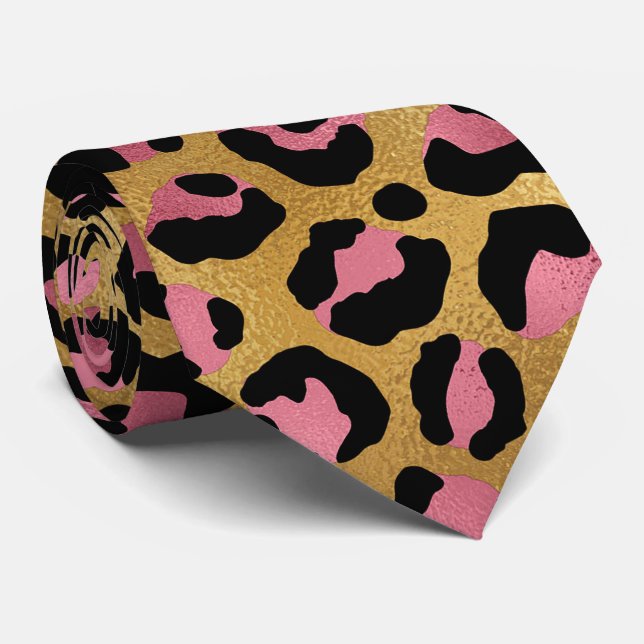 Gold and Pink Leopard Print Tie (Rolled)