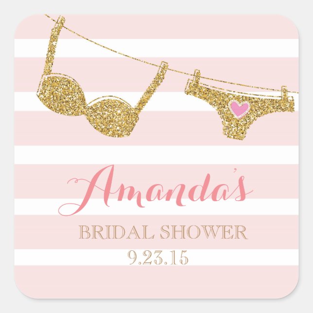 Gold and Pink Lingerie Bridal Shower Favour Sticke Square Sticker (Front)