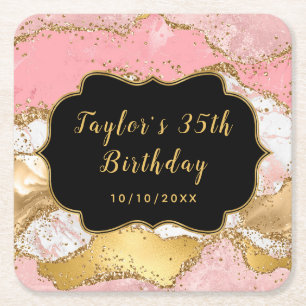 Gold and Pink Sequins Agate Birthday Square Paper Coaster