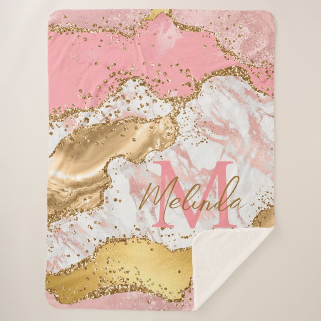 Gold and Pink Sequins Agate Sherpa Blanket (Front)