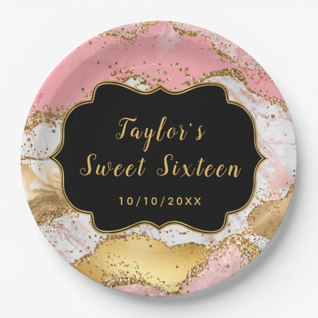 Gold and Pink Sequins Agate Sweet Sixteen Paper Plate (Front)