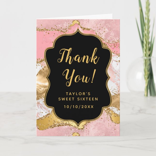 Gold and Pink Sequins Agate Sweet Sixteen Thank You Card (Front)