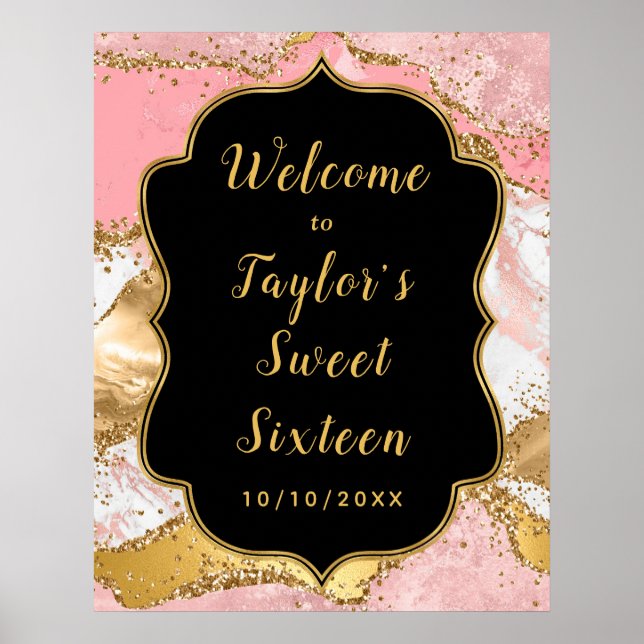 Gold and Pink Sequins Agate Sweet Sixteen Welcome Poster (Front)