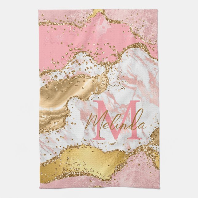 Gold and Pink Sequins Agate Tea Towel (Vertical)