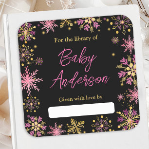 Gold and Pink Snowflakes Baby Shower Bookplate Square Sticker