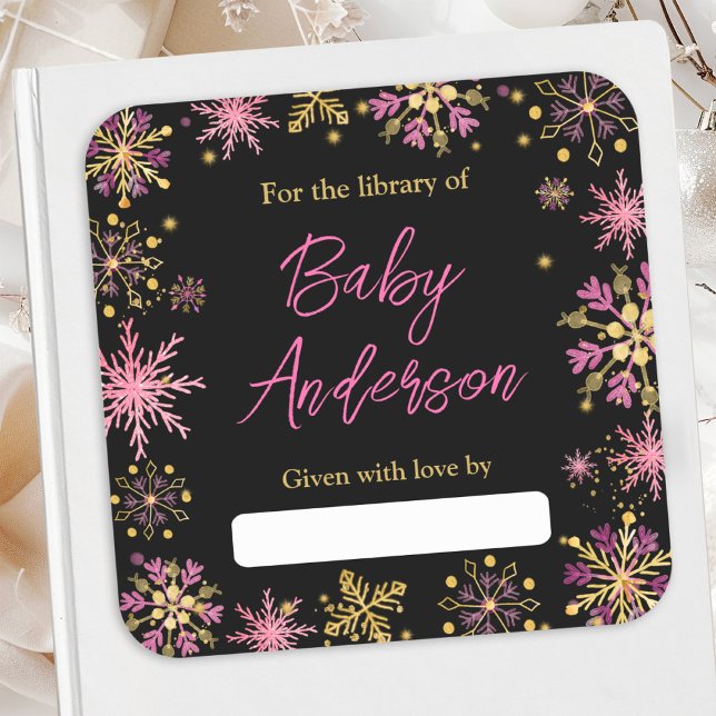 Gold and Pink Snowflakes Baby Shower Bookplate Square Sticker (Creator Uploaded)