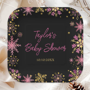 Gold and Pink Snowflakes Baby Shower Paper Plate