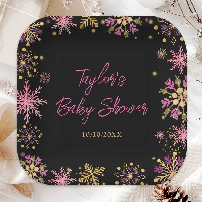 Gold and Pink Snowflakes Baby Shower Paper Plate (Creator Uploaded)