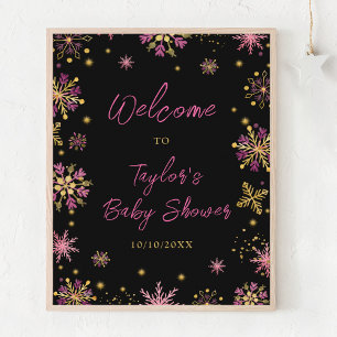 Gold and Pink Snowflakes Baby Shower Welcome Poster