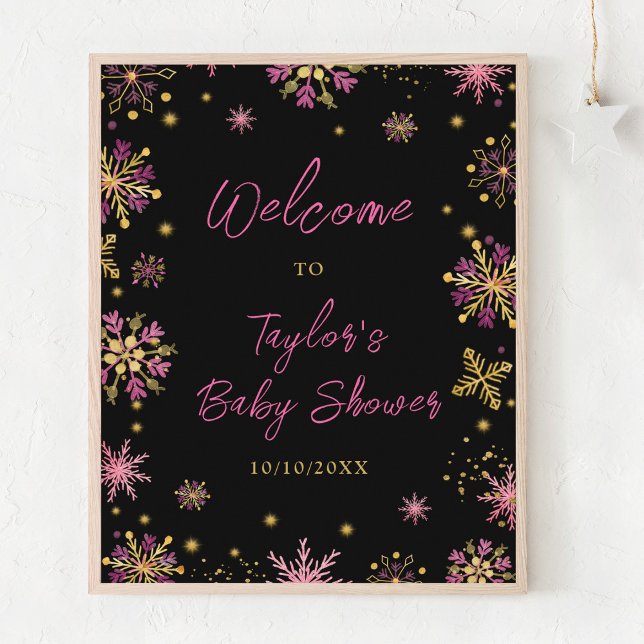 Gold and Pink Snowflakes Baby Shower Welcome Poster (Creator Uploaded)