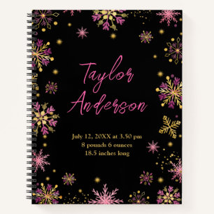 Gold and Pink Snowflakes Birth Stats Notebook