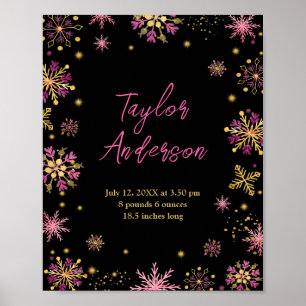 Gold and Pink Snowflakes Birth Stats Poster