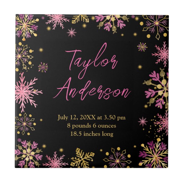 Gold and Pink Snowflakes Birth Stats Tile (Front)