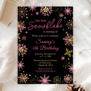 Gold and Pink Snowflakes Birthday Party Invitation