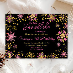 Gold and Pink Snowflakes Birthday Party Invitation