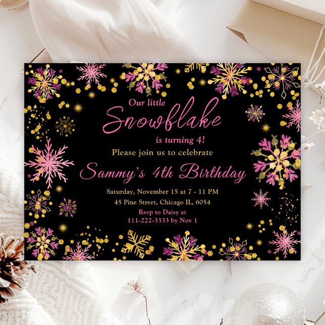 Gold and Pink Snowflakes Birthday Party Invitation (Creator Uploaded)