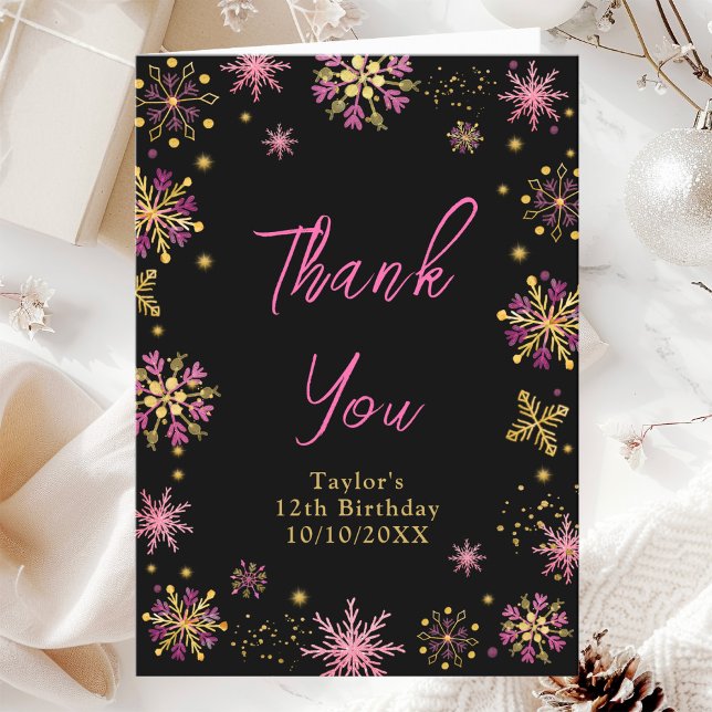 Gold and Pink Snowflakes Birthday Party Thank You Card (Creator Uploaded)