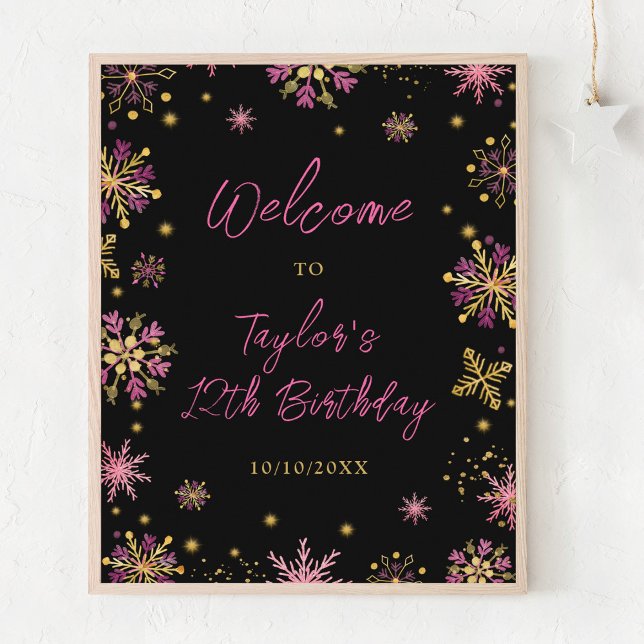 Gold and Pink Snowflakes Birthday Party Welcome Poster (Creator Uploaded)
