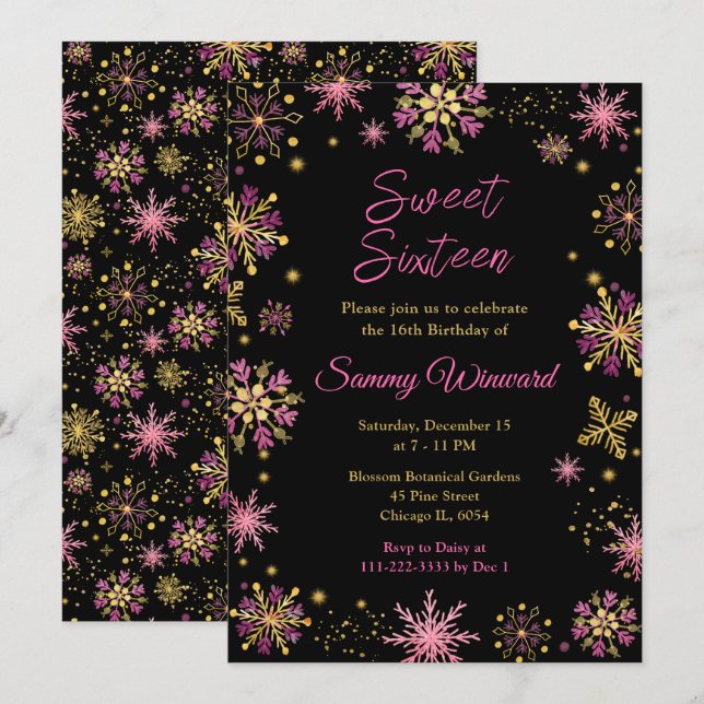 Gold and Pink Snowflakes Sweet Sixteen Invitation (Front/Back)