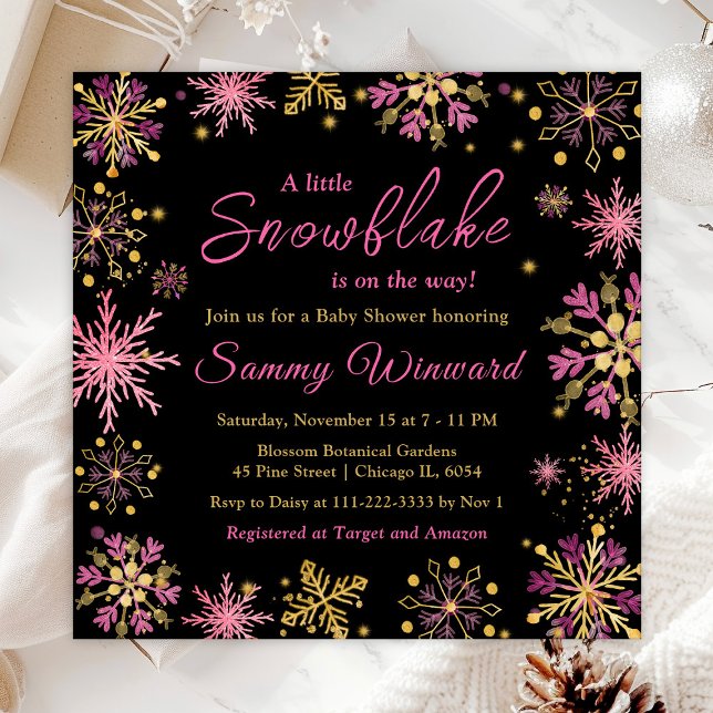Gold and Pink Snowflakes Winter Baby Shower Invitation (Creator Uploaded)