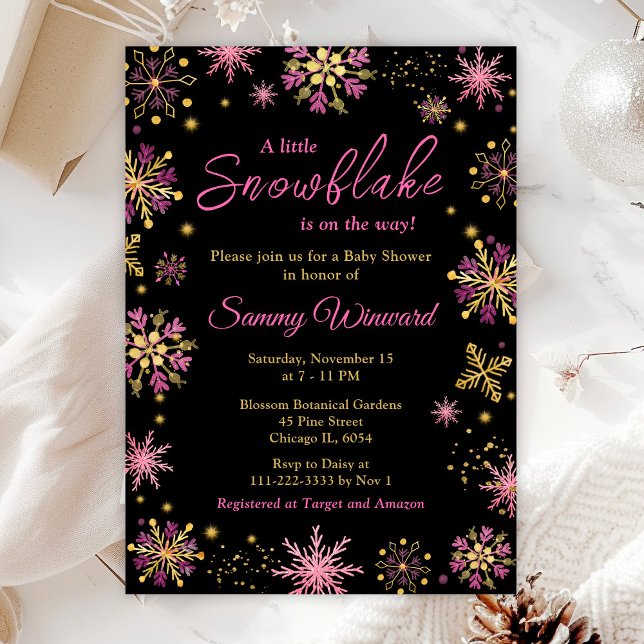 Gold and Pink Snowflakes Winter Baby Shower Invitation (Creator Uploaded)