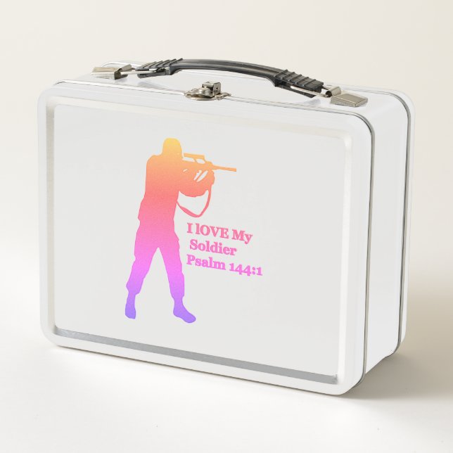 Gold and pink solder sniper metal lunch box (Front)