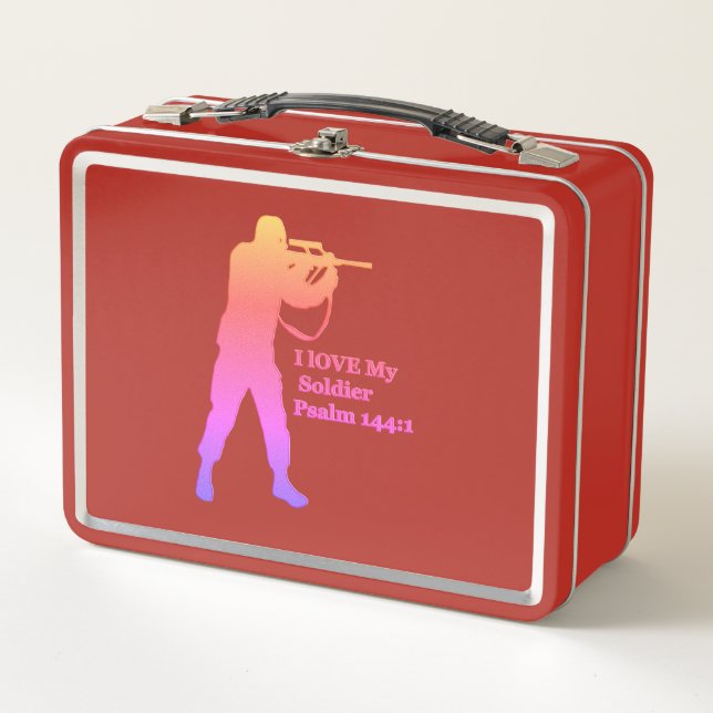 Gold and pink solder sniper metal lunch box (Front)
