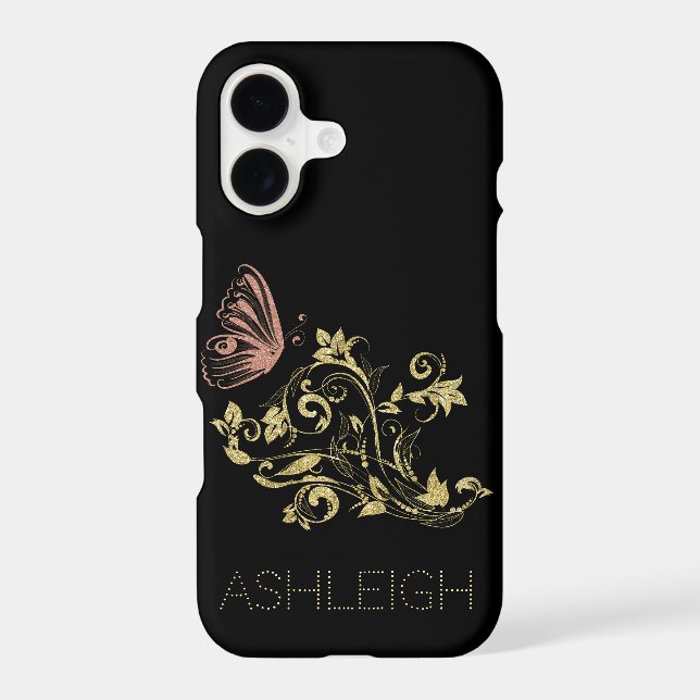 Gold and Pink Sparkle Butterfly Personalised iPhone Case (Back)