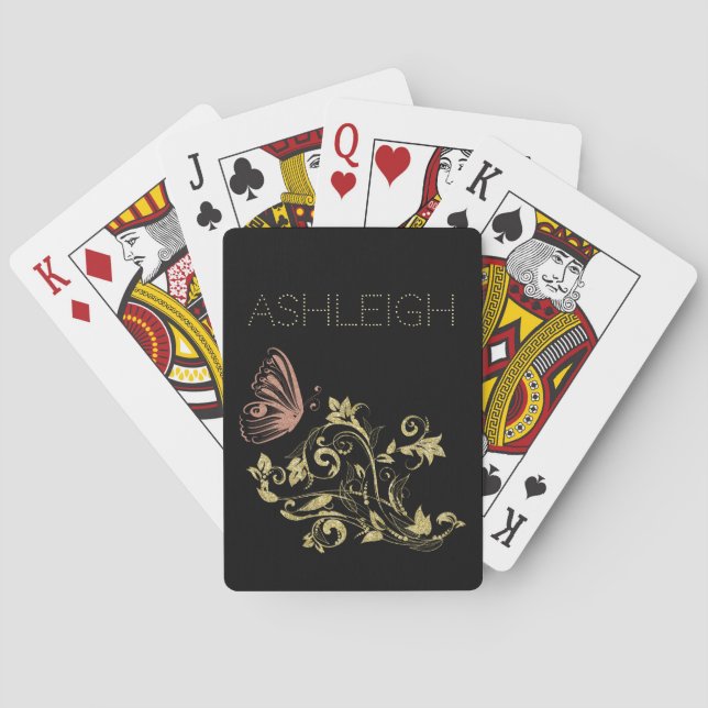 Gold and Pink Sparkle Butterfly Personalised Playing Cards (Back)