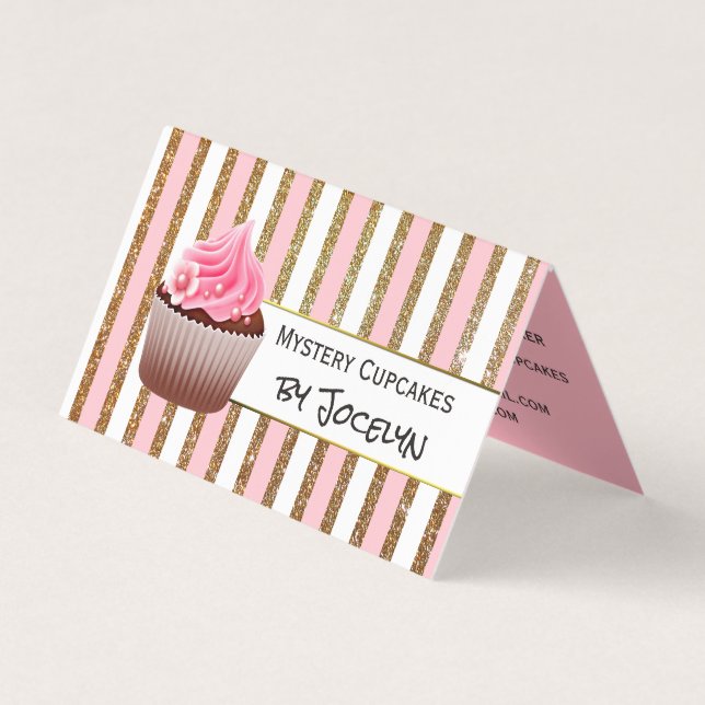 Gold and Pink Striped Bakery Folded Business Card (Front)