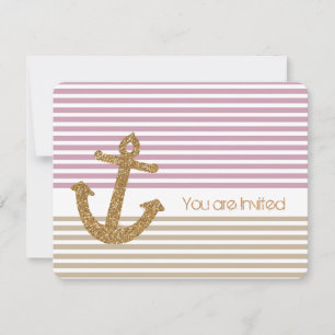 Gold and Pink Stripes Nautical Baby Shower Invitation