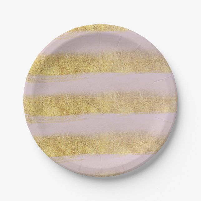 Gold and Pink Stripes Paper Plate (Front)