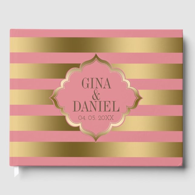 Gold And Pink Stripes Pattern Guest Book (Front)