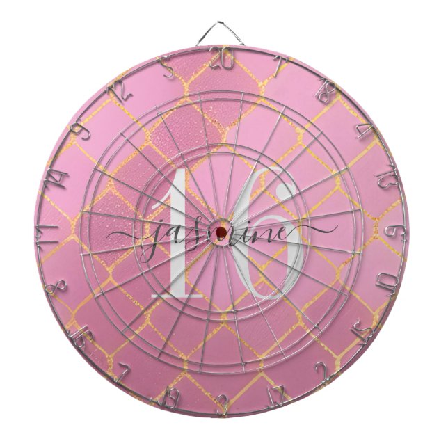 Gold and Pink Sweet Sixteen Name Dartboard (Front)