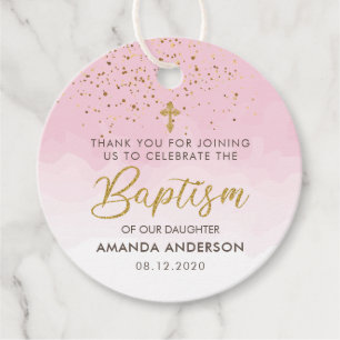 Gold And Pink Watercolor Girl Baptism Thank You Favour Tags