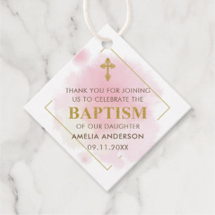 Gold And Pink Watercolor Girl Baptism Thank You Favour Tags