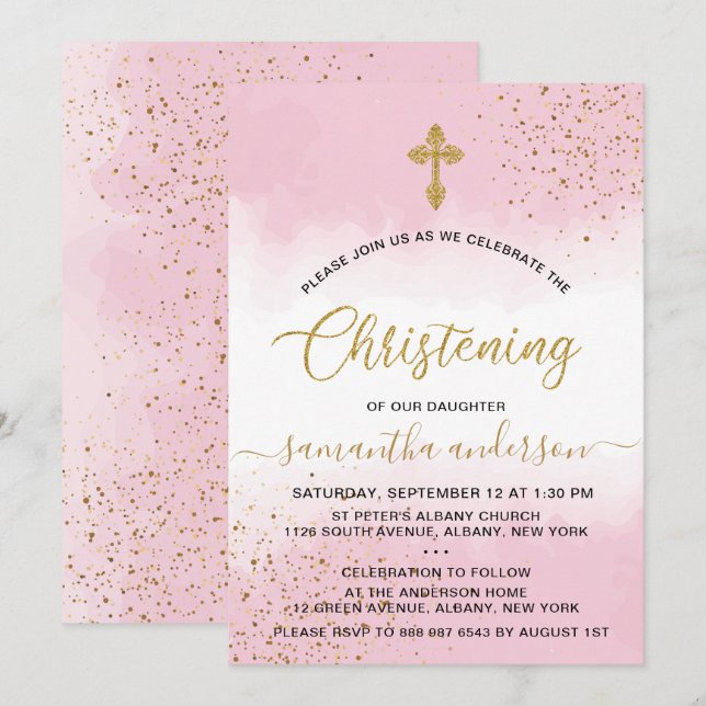 Gold And Pink  Watercolor Girl Christening Invitation (Front/Back)