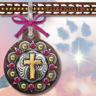 Gold and Pink Western Rhinestone Cross Concho  Pet Tag