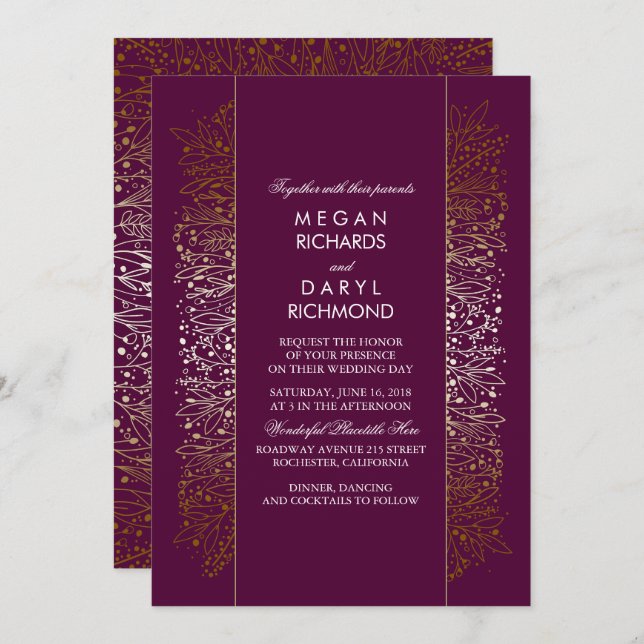 Gold and Plum Vintage Baby's Breath Wedding Invitation (Front/Back)
