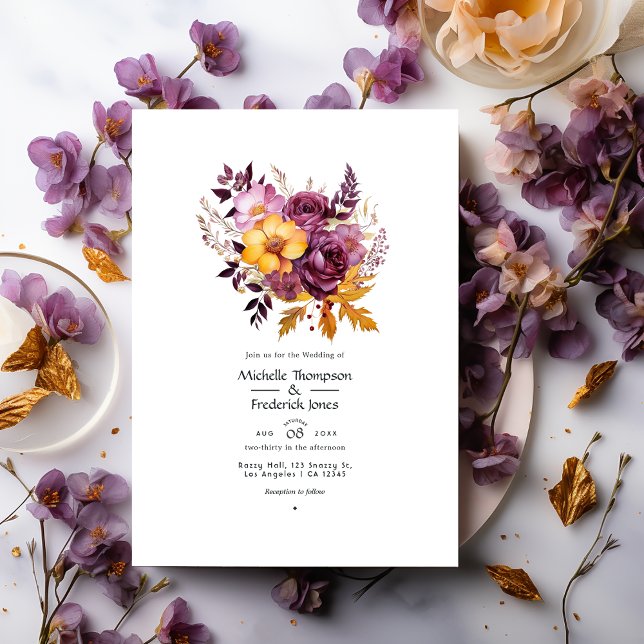 Gold and Plum Wine Floral Fall Wedding Invitation (Creator Uploaded)
