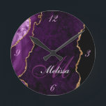 gold and purple agate monogram trendy round clock<br><div class="desc">An elegant mix of script with a personalised monogram on gold and purple agate background.</div>